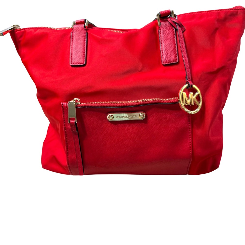 Michael Kors Red Nylon Saffiano‎ Leather Ariana Tote Bag Gold Hardware